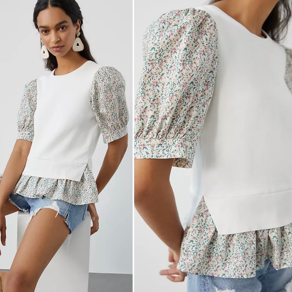 Anthropologie Puff Sleeve Floral Peplum Sweater Top Ivory Women's Size XS